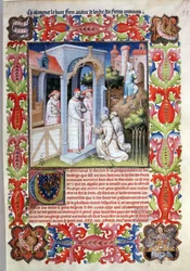 Fr. 2810 f.97, Odorico da Pordenone e Tiago da Irlanda despedem-se do Papa João XXII, do Livre des Merveilles du Monde, c.1410-12 (têmpera sobre velino)